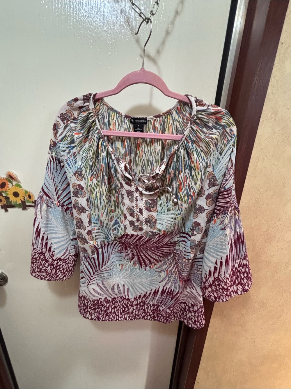 new directions Multicolor Floral & Leaf Print Peasant Blouse